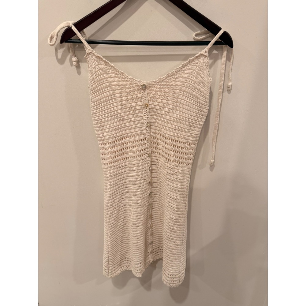Olive + Oak Ivory Crochet Knit Button Front Mini Dress Tie Strap Boho Cream S